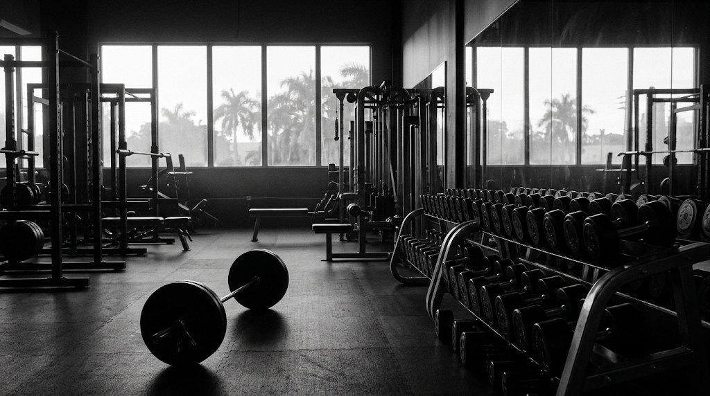 Empty strength training gym at dawn with palm trees outside the windows